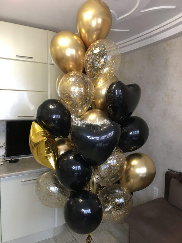 фонтан из шаров золото хром, черные, шар с конфетти, шары фольгированные сердце и звезда черная