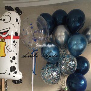 синие шары на годик с фольгированной собачкой-единичкой