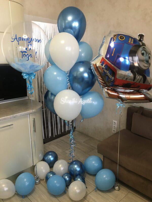 набор из шаров фольга шар поезд Томас, фонтан из шаров хром синий, голубой шар, белый шар3