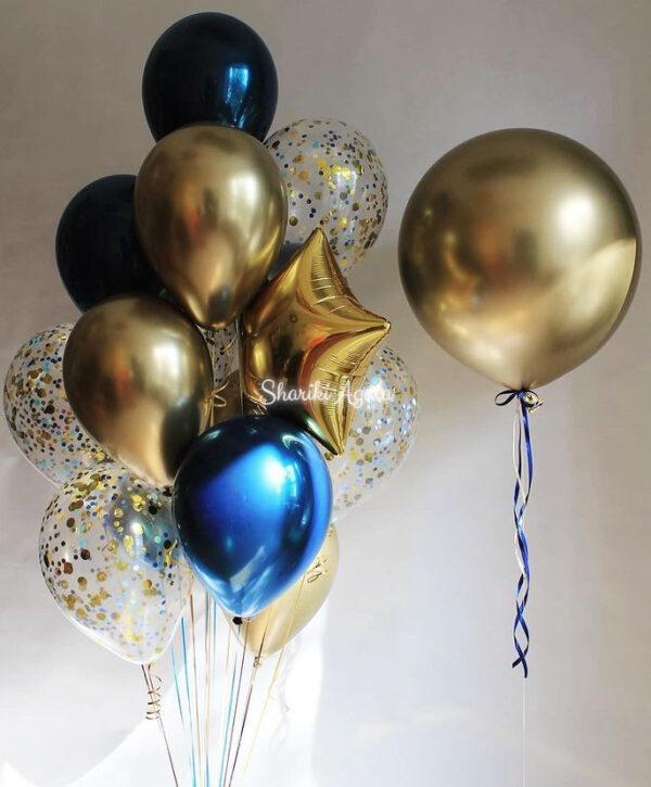 набор шаров золото хром с большим шаром хром, с конфетти, синий дабл стеклянный шар золото размер 60 см.
