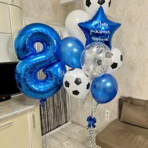набор шаров синий металлик и футбольные мячи с цифрой 8 синяя